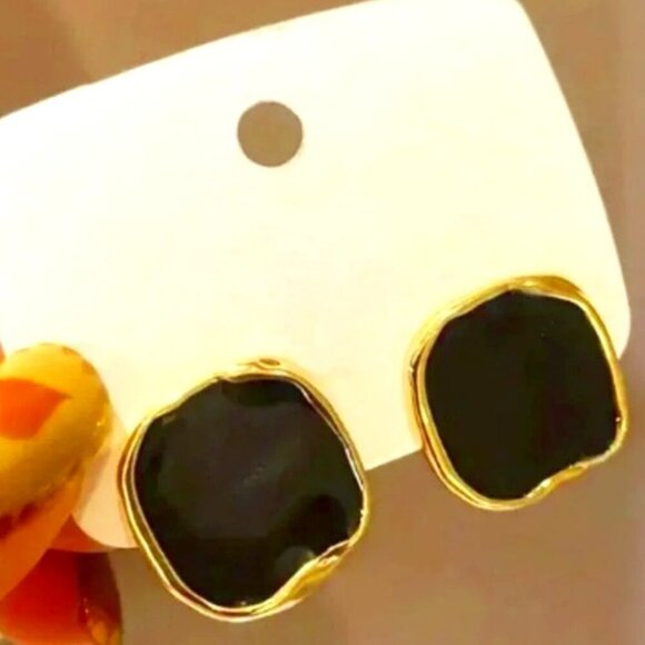 Women's Black Versatile Geometric Square Earrings with Gold Outline - Picture 1 of 8